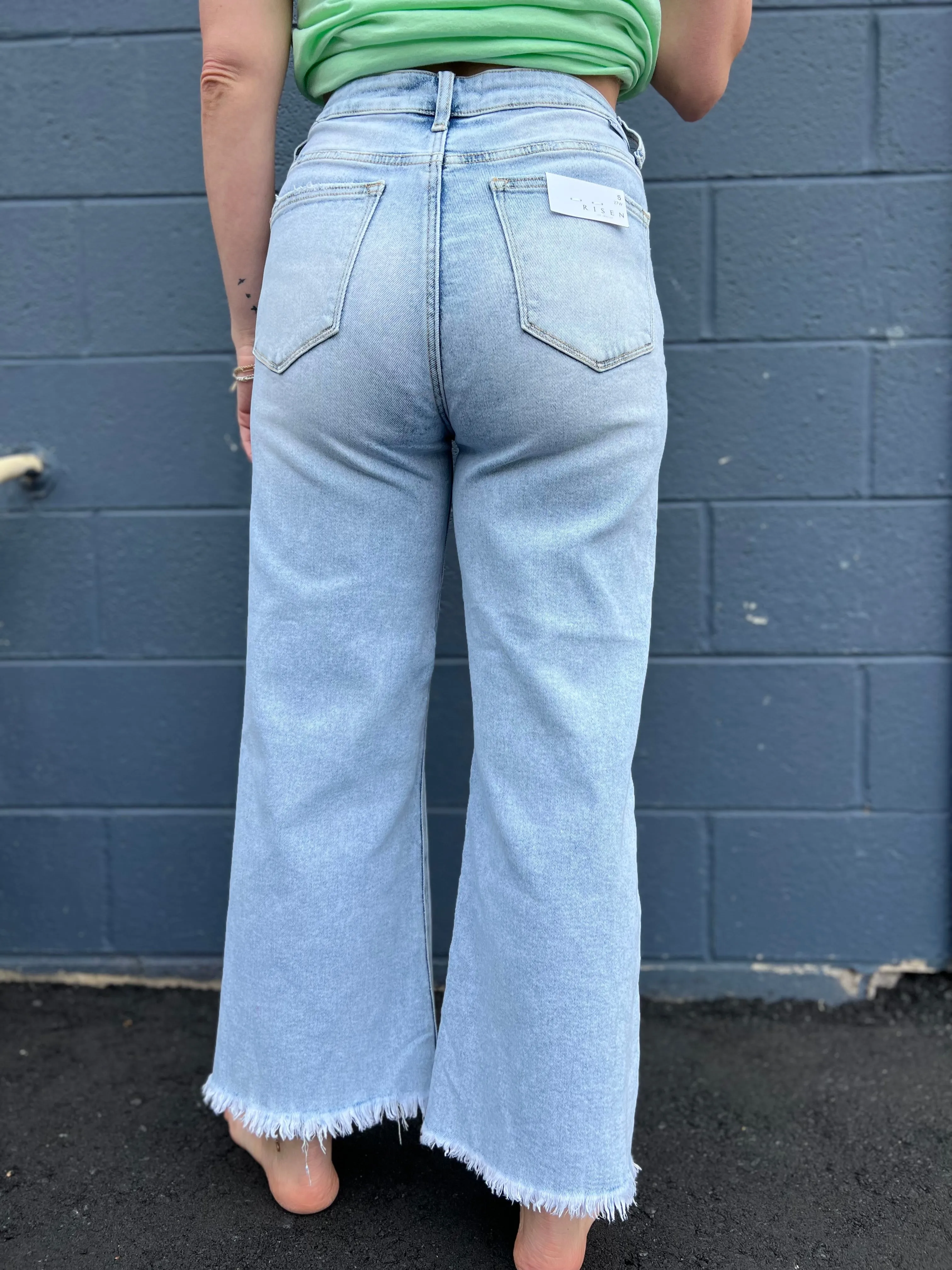 Risen High Rise Frayed Ankle Wide Jeans