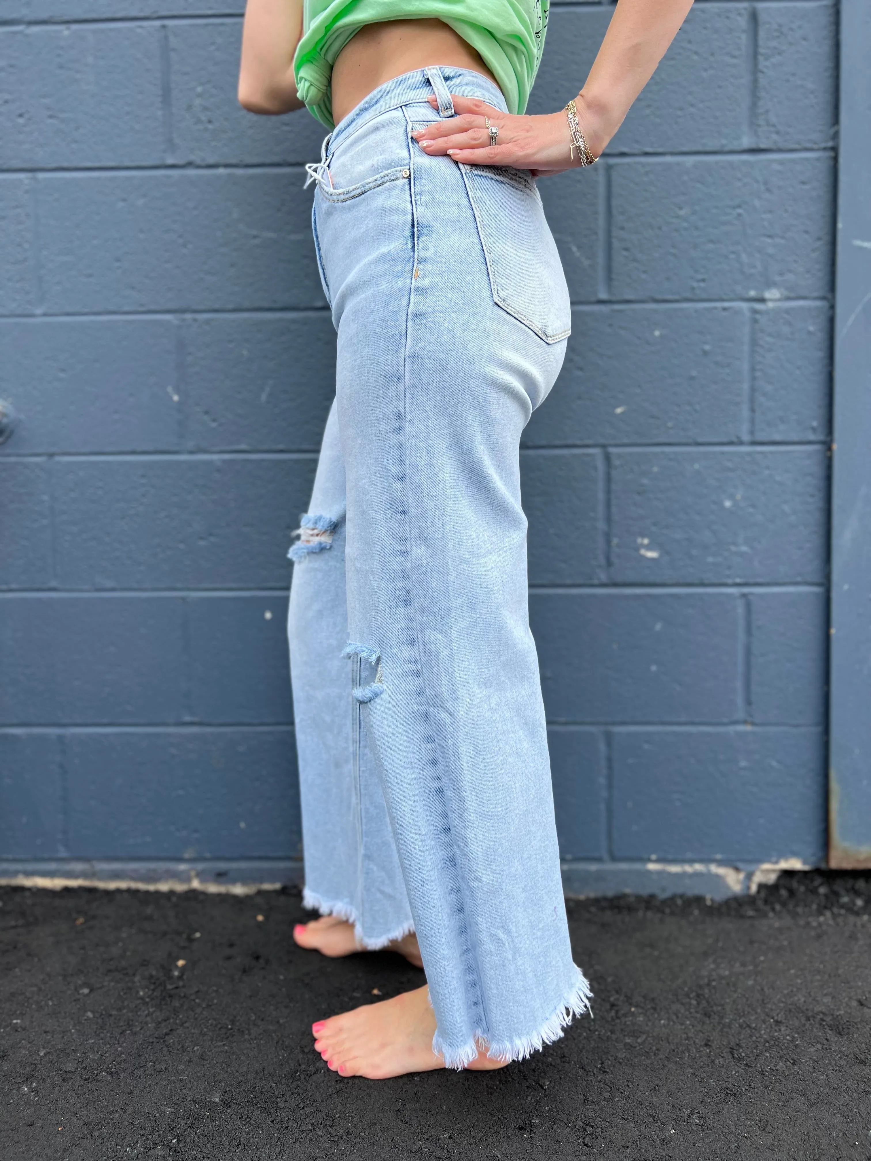 Risen High Rise Frayed Ankle Wide Jeans