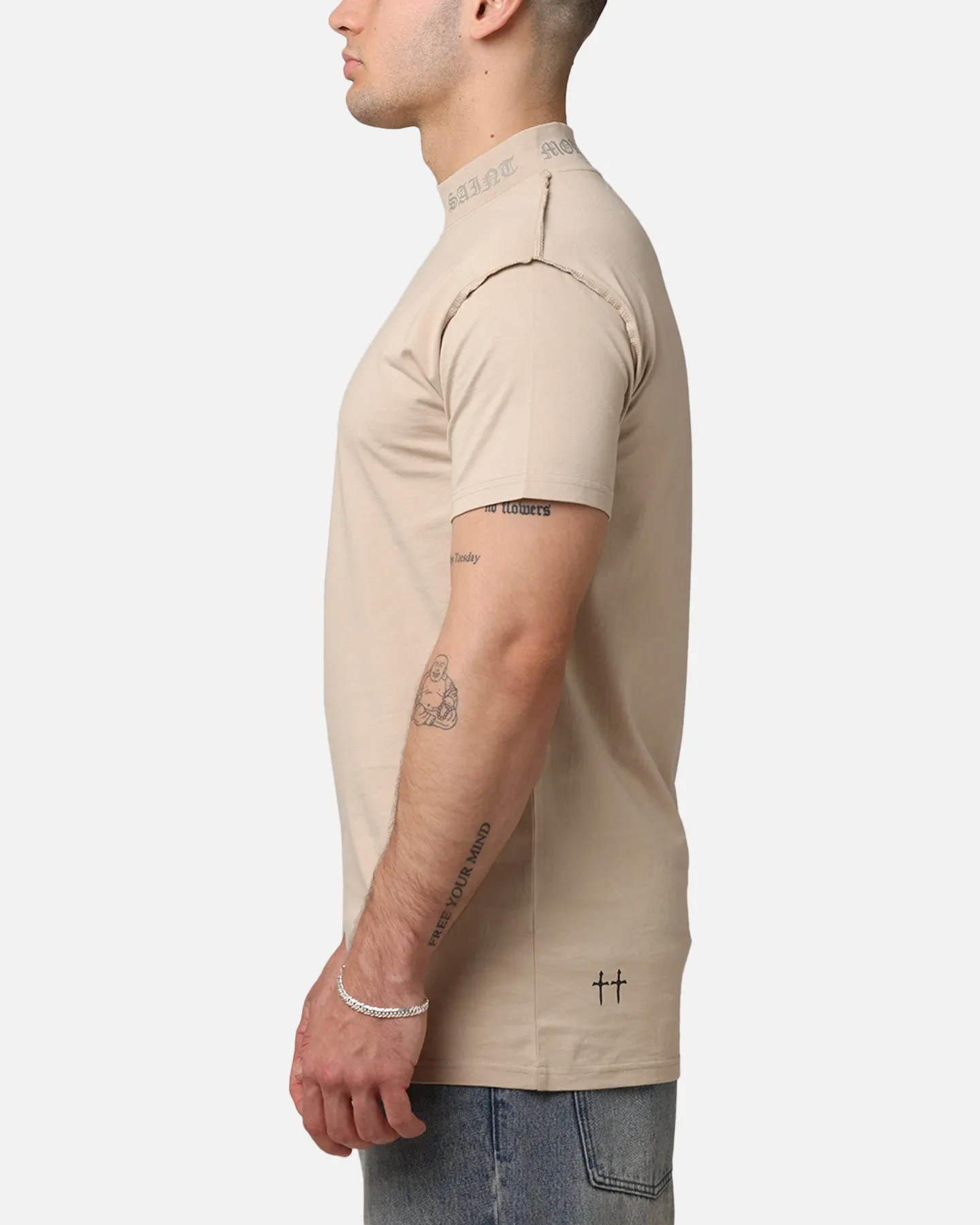 Saint Morta Old English Mock Neck T-Shirt Stone/Wheat