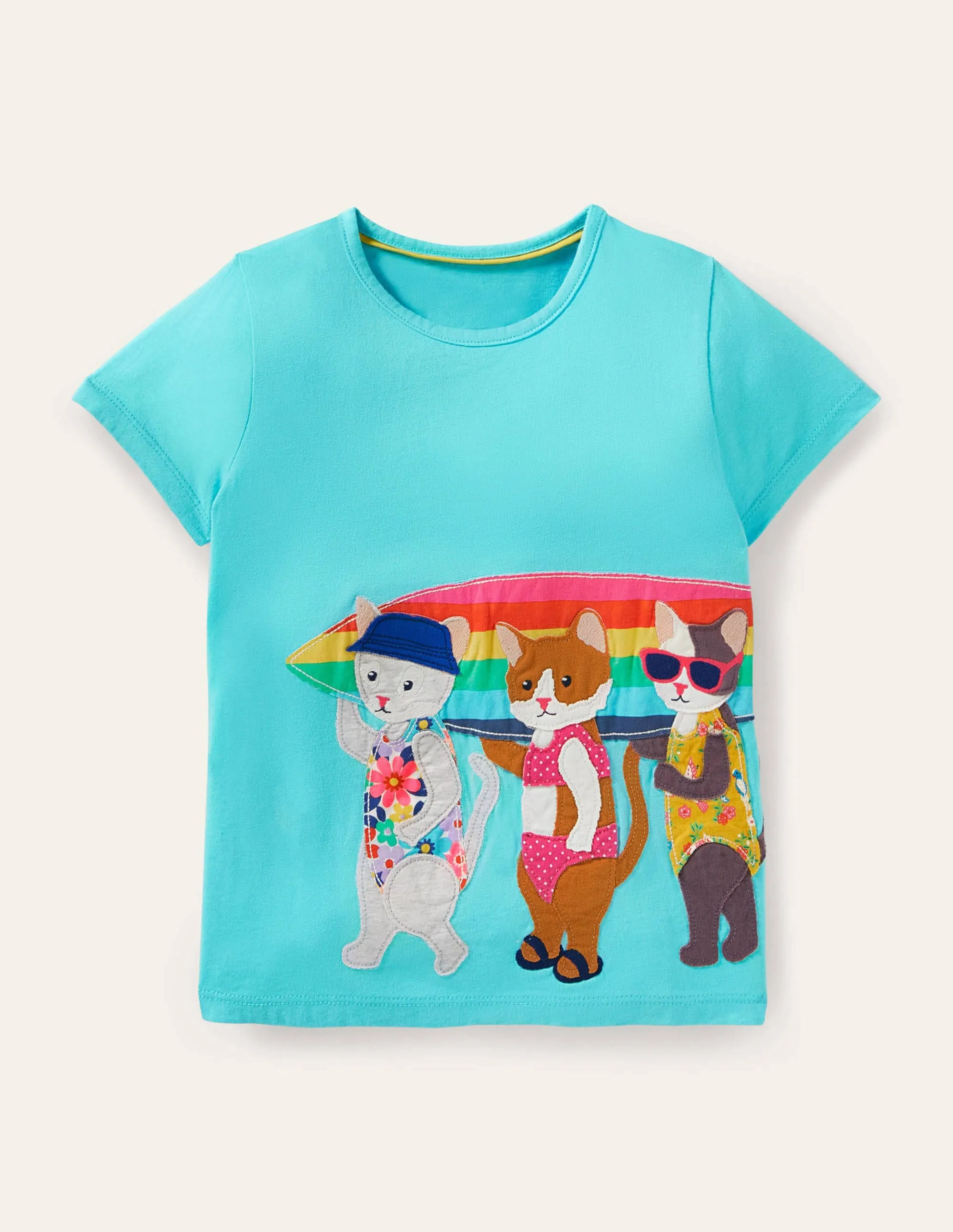 Short-sleeved Appliqué T-shirt-Turquoise Surfing Cats
