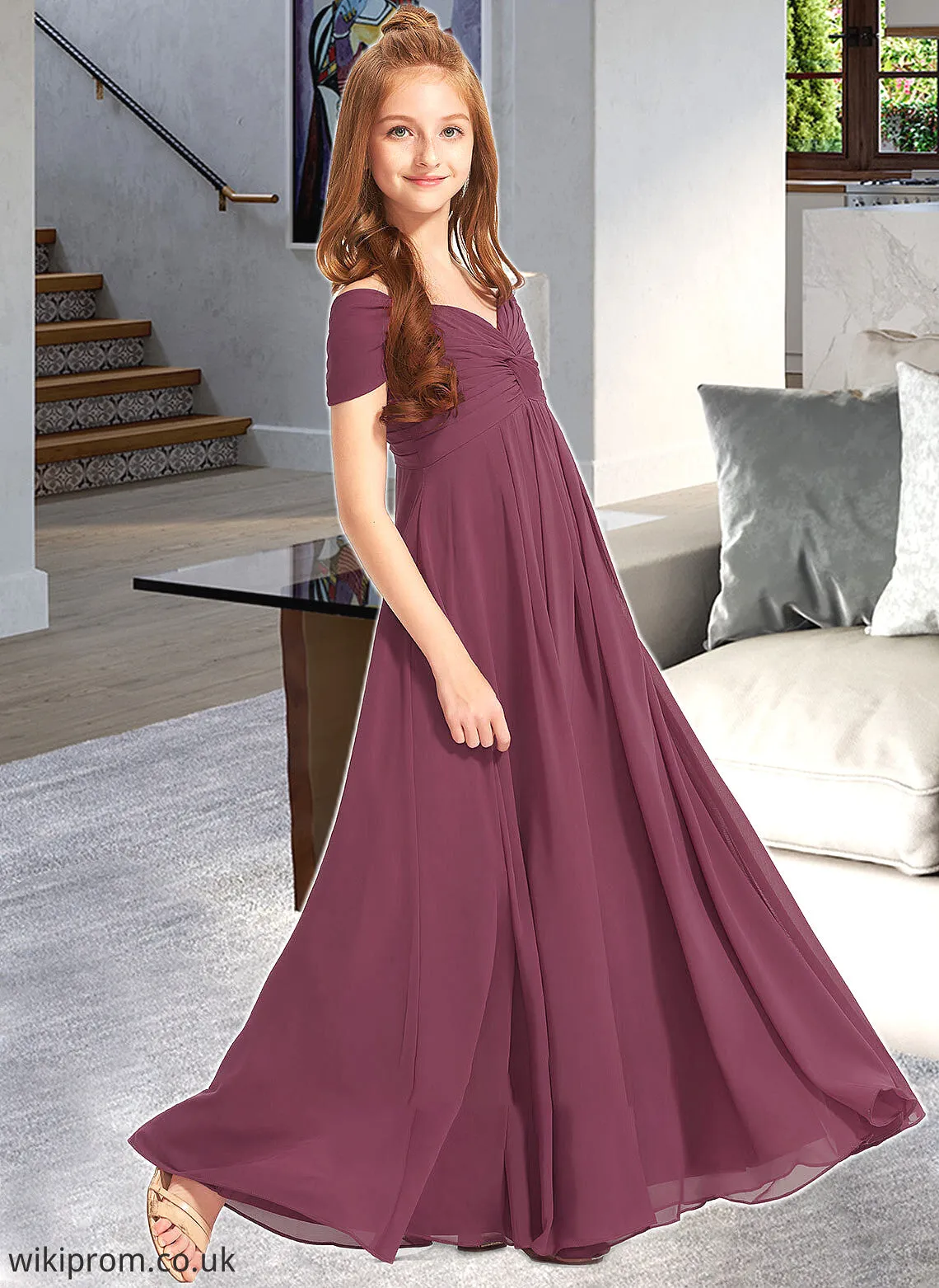 Stella A-Line Off-the-Shoulder Floor-Length Chiffon Junior Bridesmaid Dress With Ruffle SWKP0013376