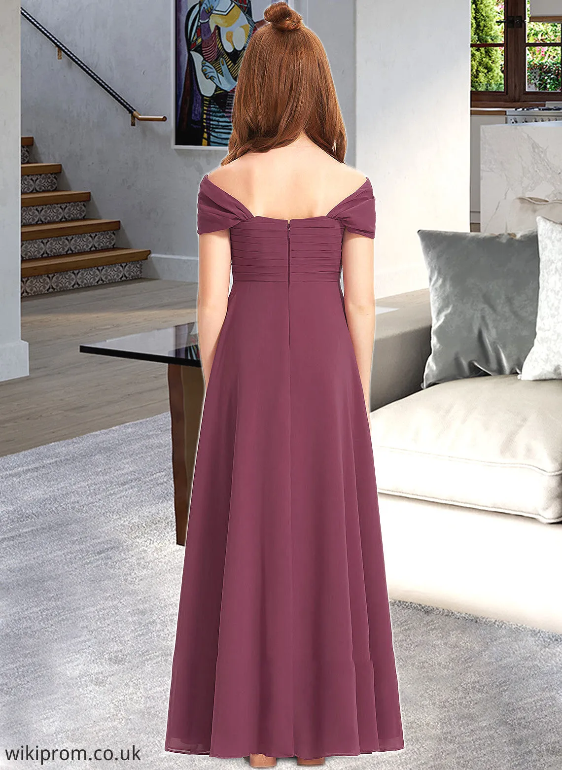 Stella A-Line Off-the-Shoulder Floor-Length Chiffon Junior Bridesmaid Dress With Ruffle SWKP0013376