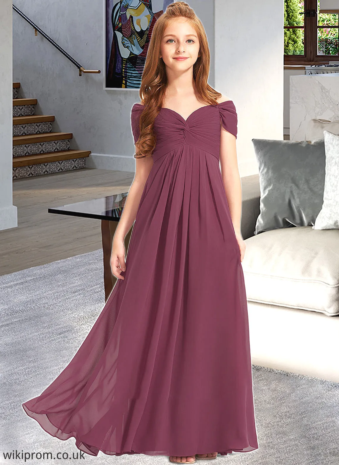 Stella A-Line Off-the-Shoulder Floor-Length Chiffon Junior Bridesmaid Dress With Ruffle SWKP0013376