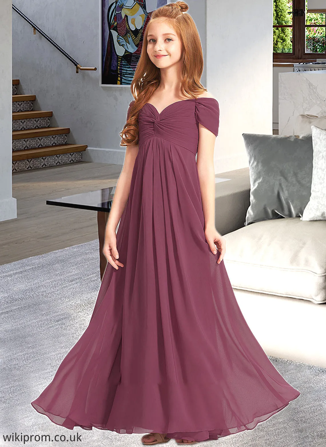 Stella A-Line Off-the-Shoulder Floor-Length Chiffon Junior Bridesmaid Dress With Ruffle SWKP0013376