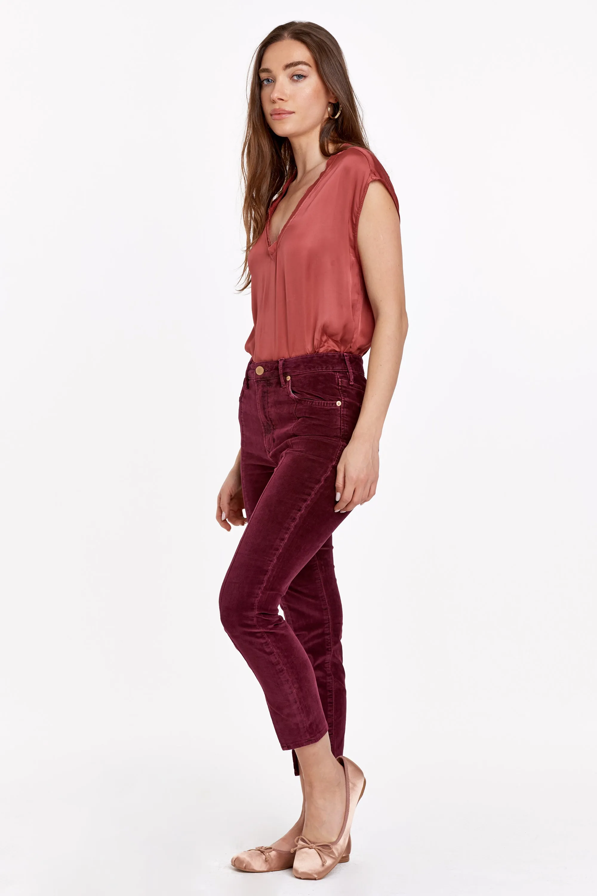STELLA SUPER HIGH RISE ANKLE SLIM STRAIGHT PANTS BURGUNDY VELVETEEN
