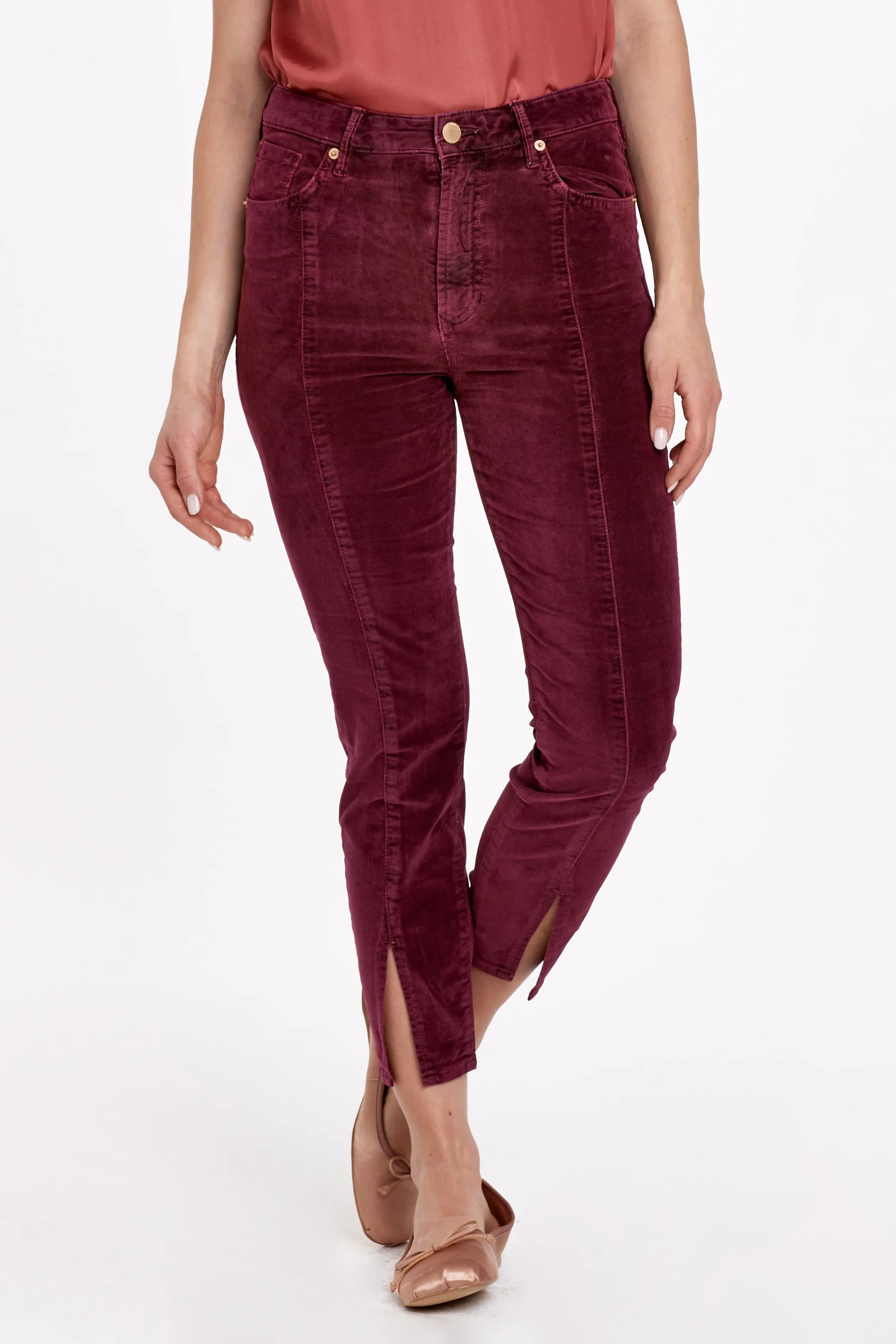 STELLA SUPER HIGH RISE ANKLE SLIM STRAIGHT PANTS BURGUNDY VELVETEEN