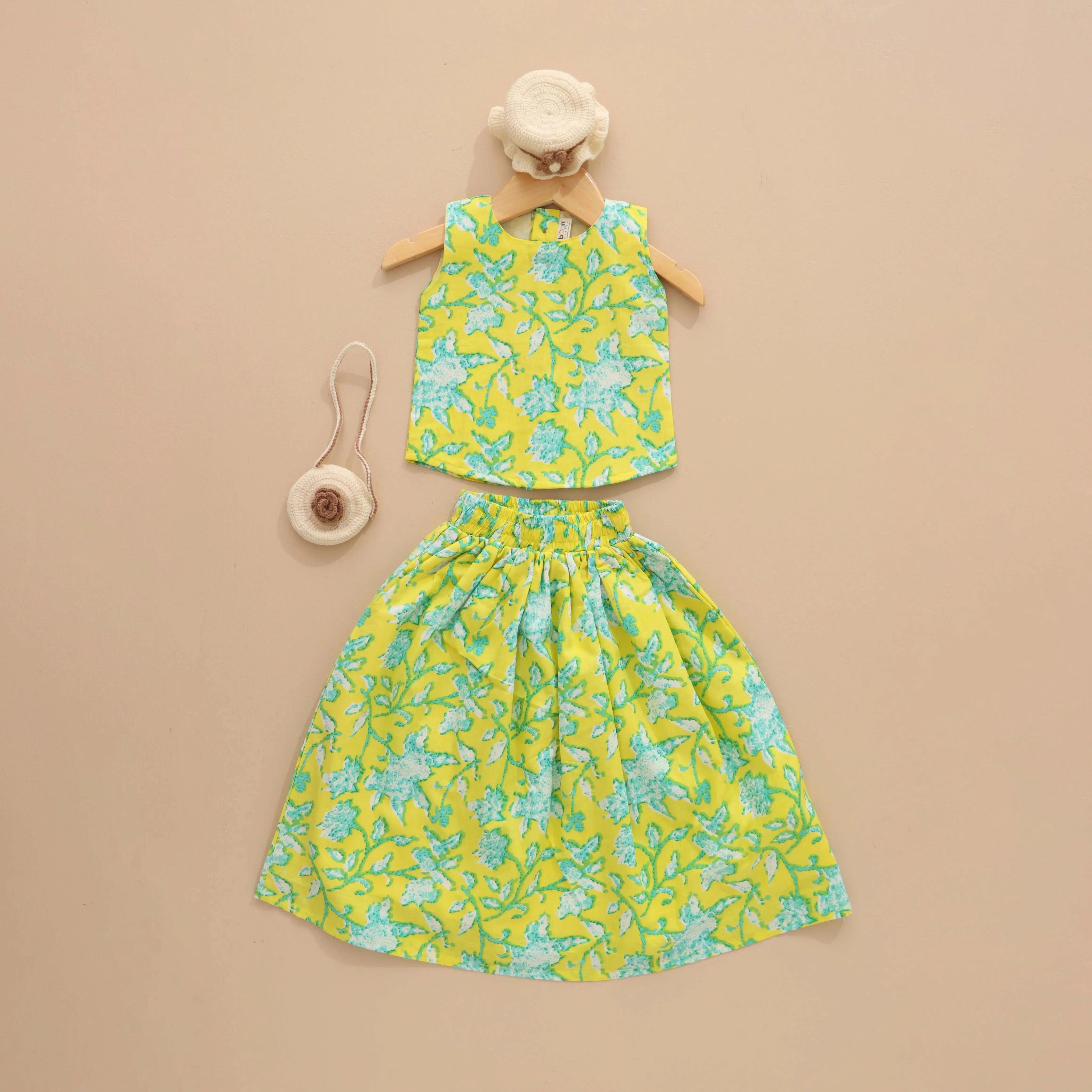 Sunny Garden - Yellow & Green Floral Skirt and Top Set