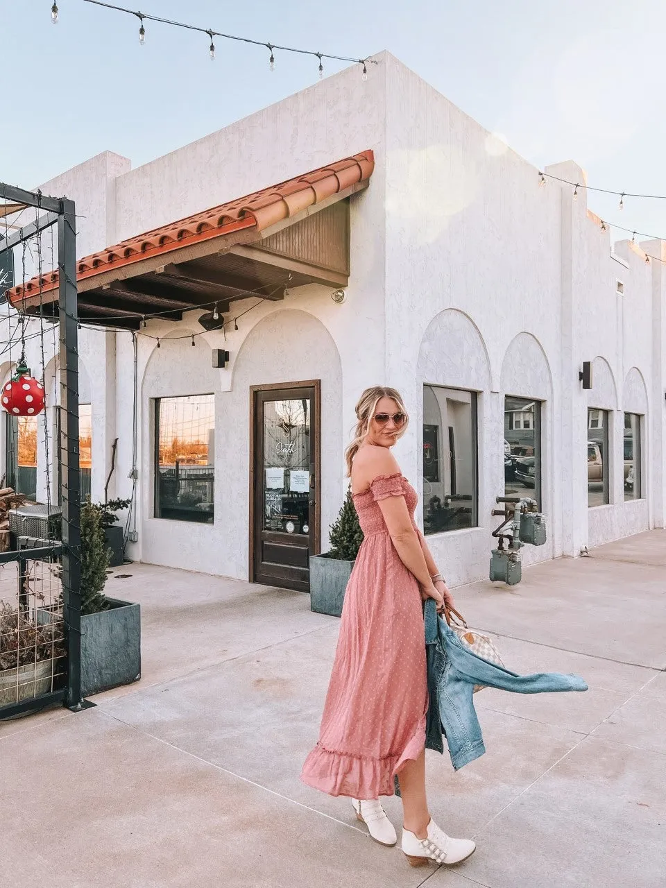 swiss dot off the shoulder smocked maxi dress - dusty rose