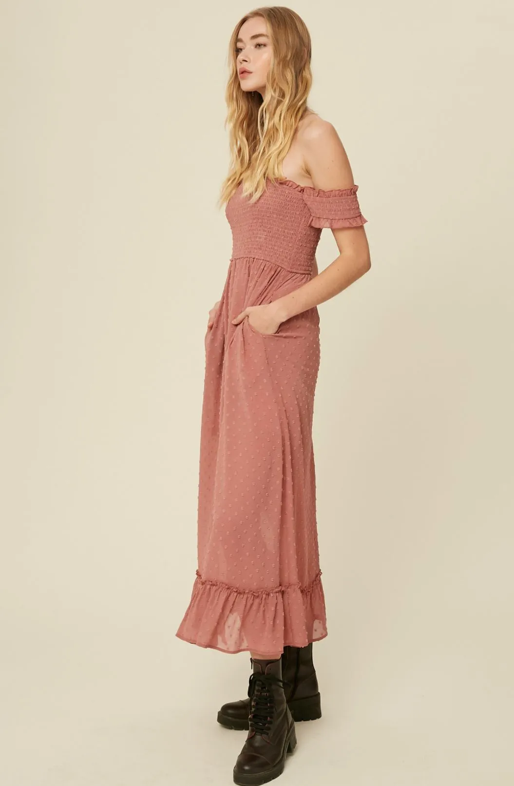 swiss dot off the shoulder smocked maxi dress - dusty rose