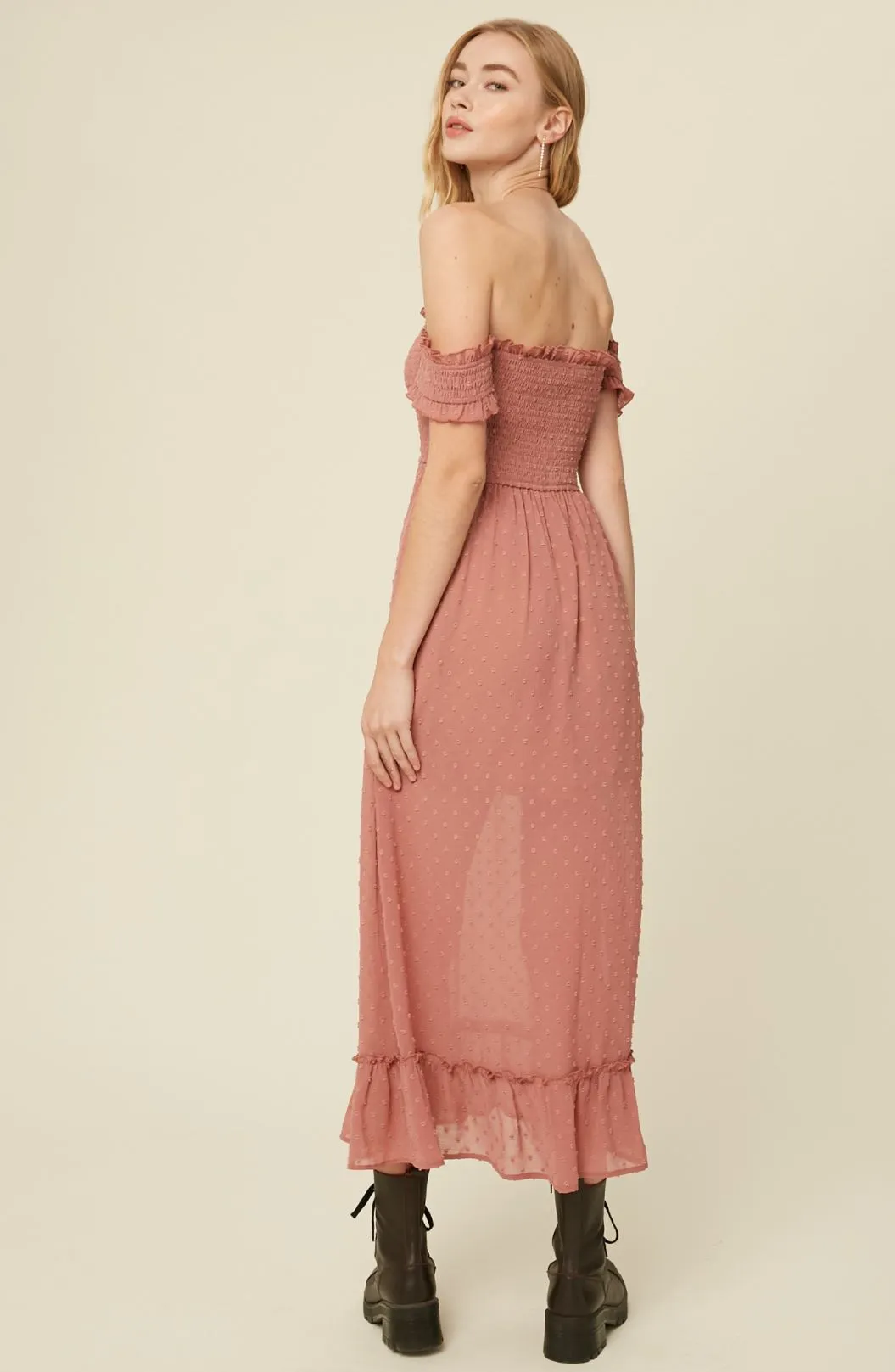 swiss dot off the shoulder smocked maxi dress - dusty rose