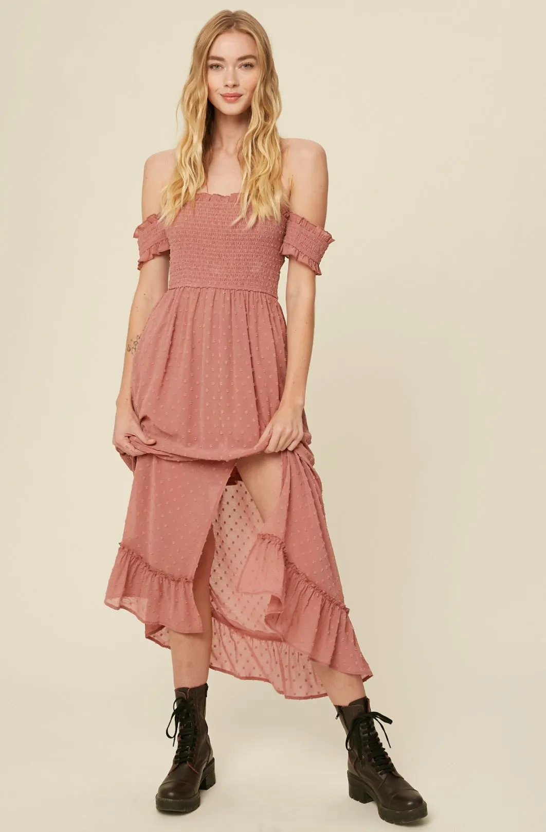 swiss dot off the shoulder smocked maxi dress - dusty rose