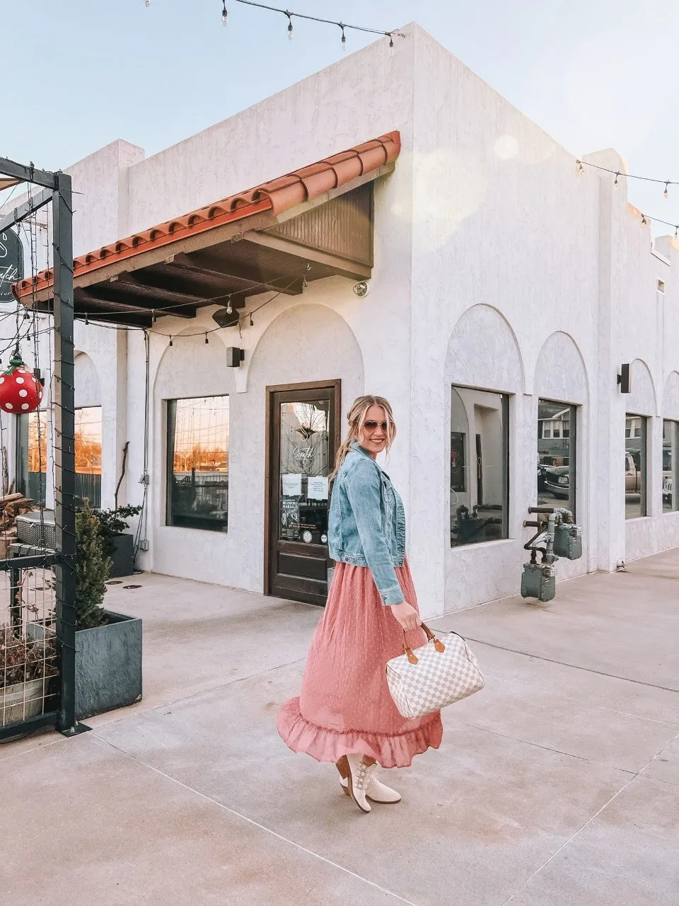 swiss dot off the shoulder smocked maxi dress - dusty rose