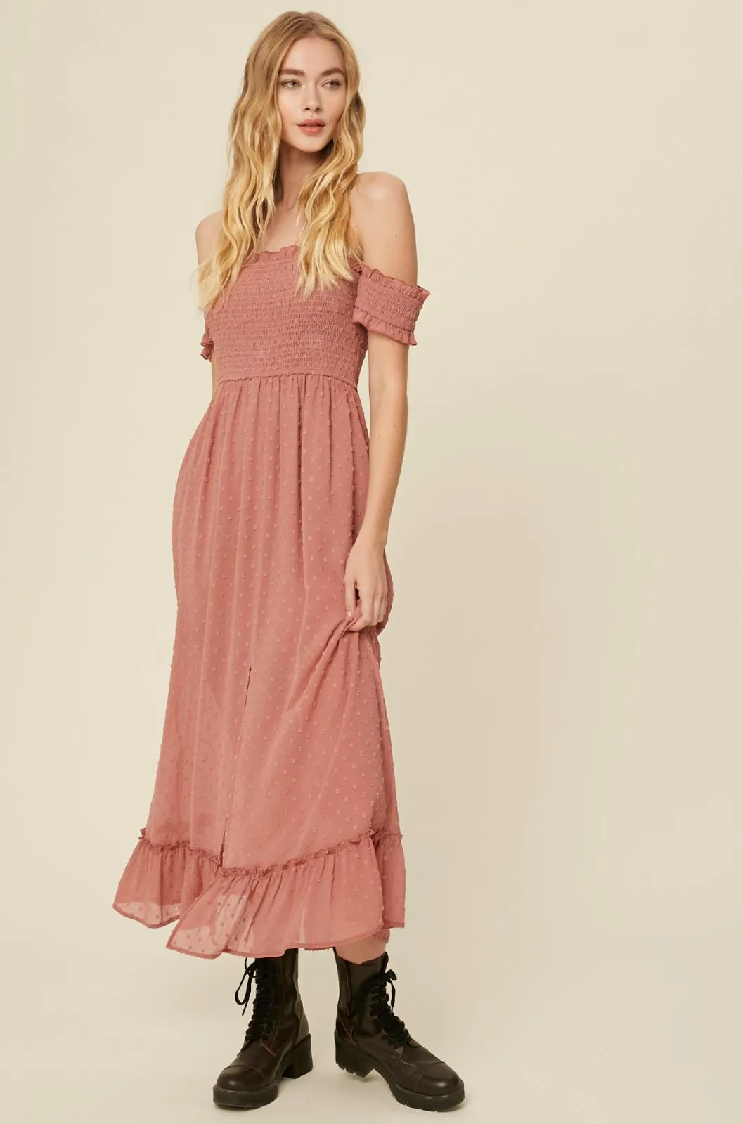 swiss dot off the shoulder smocked maxi dress - dusty rose