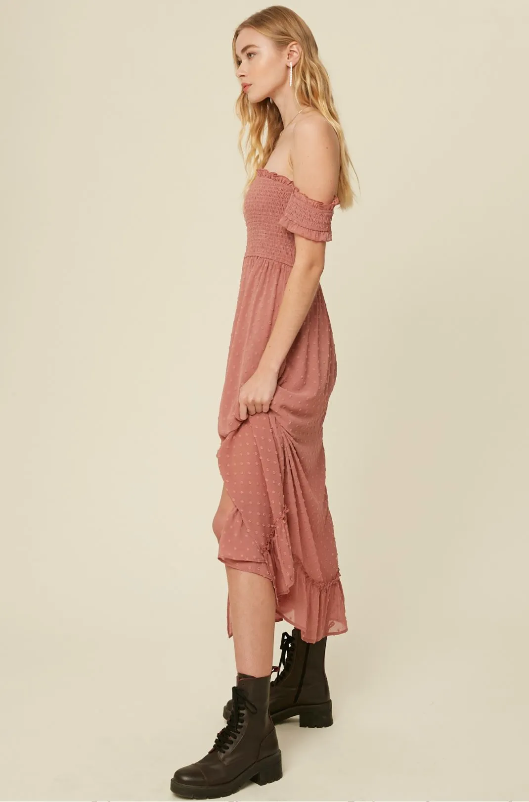 swiss dot off the shoulder smocked maxi dress - dusty rose
