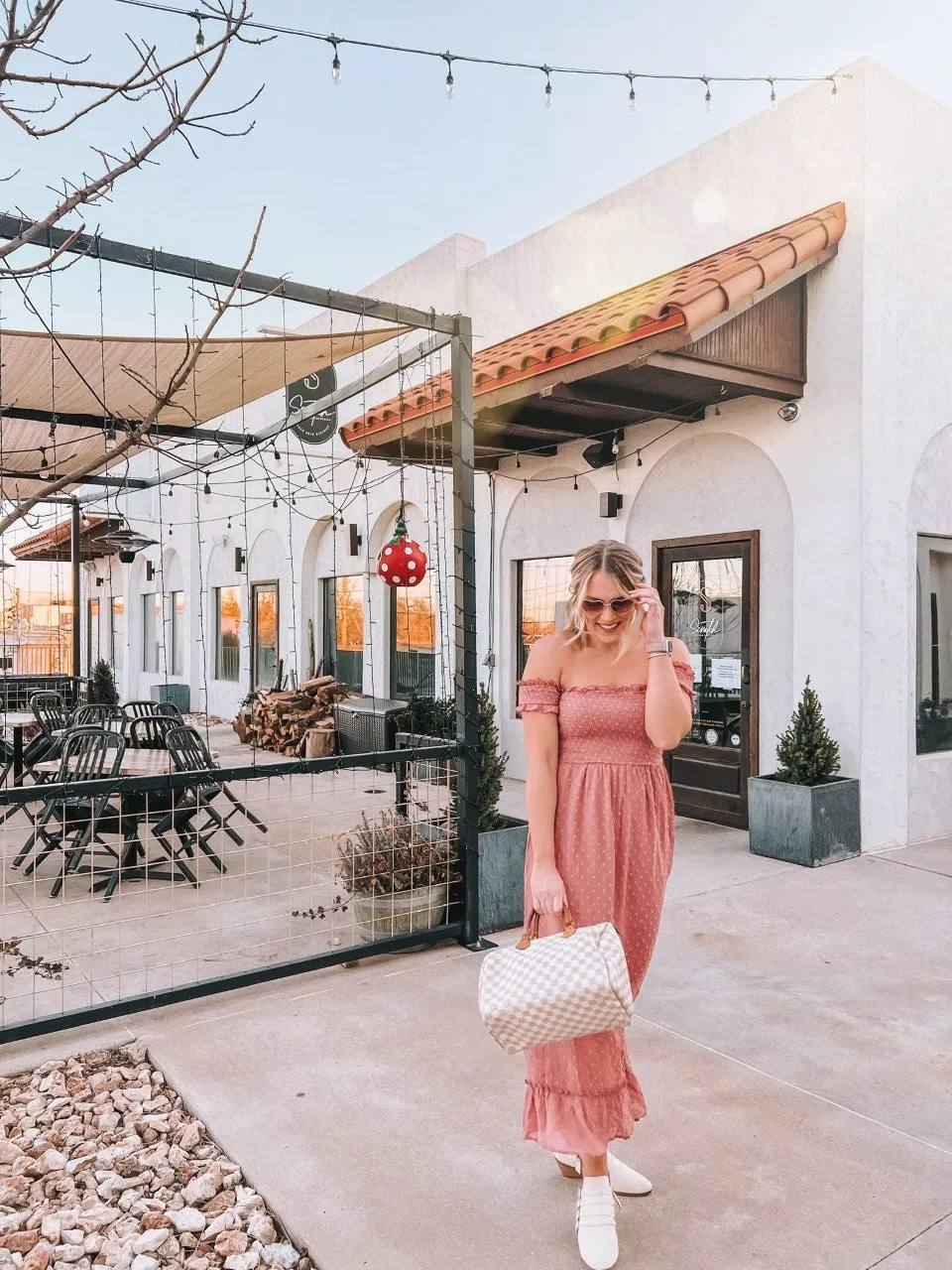 swiss dot off the shoulder smocked maxi dress - dusty rose