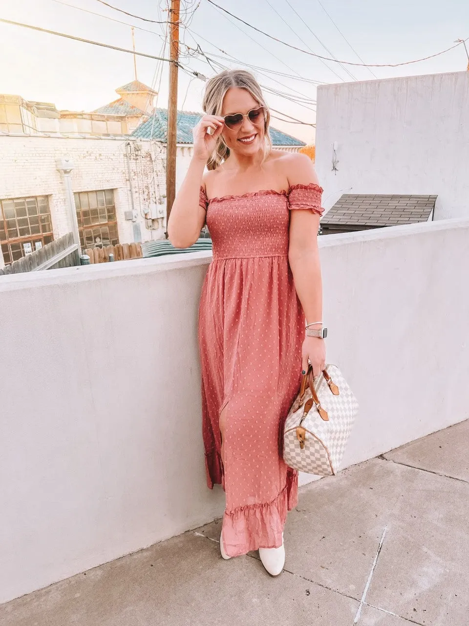 swiss dot off the shoulder smocked maxi dress - dusty rose