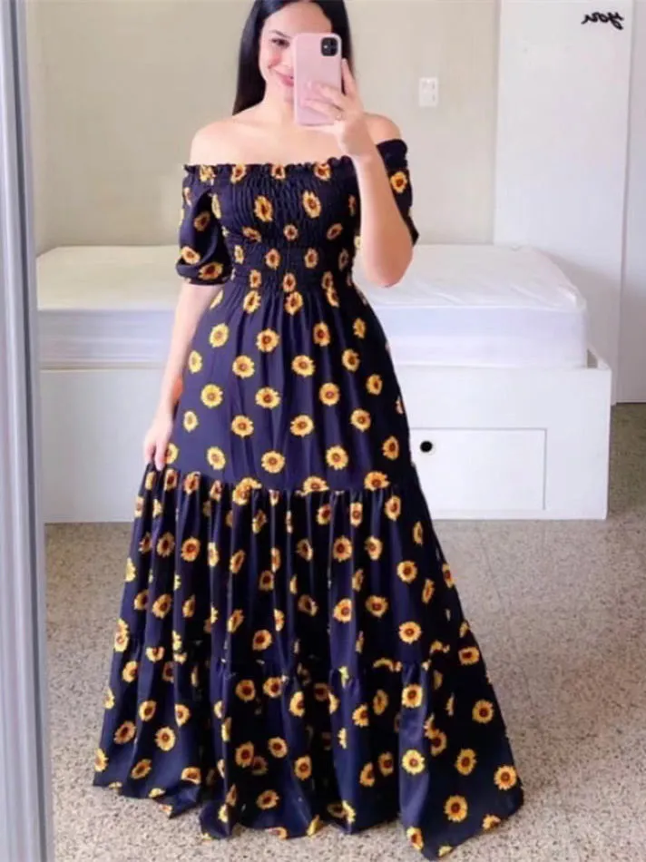 TastyHottie - Blue Sunflower Print Short Sleeve Long Maxi Beach Dress
