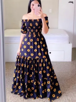 TastyHottie - Blue Sunflower Print Short Sleeve Long Maxi Beach Dress