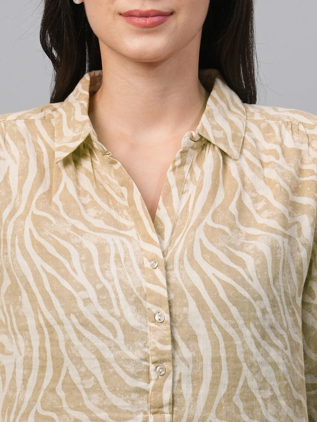 Women's Beige Cotton Linen Regular Fit Blouse