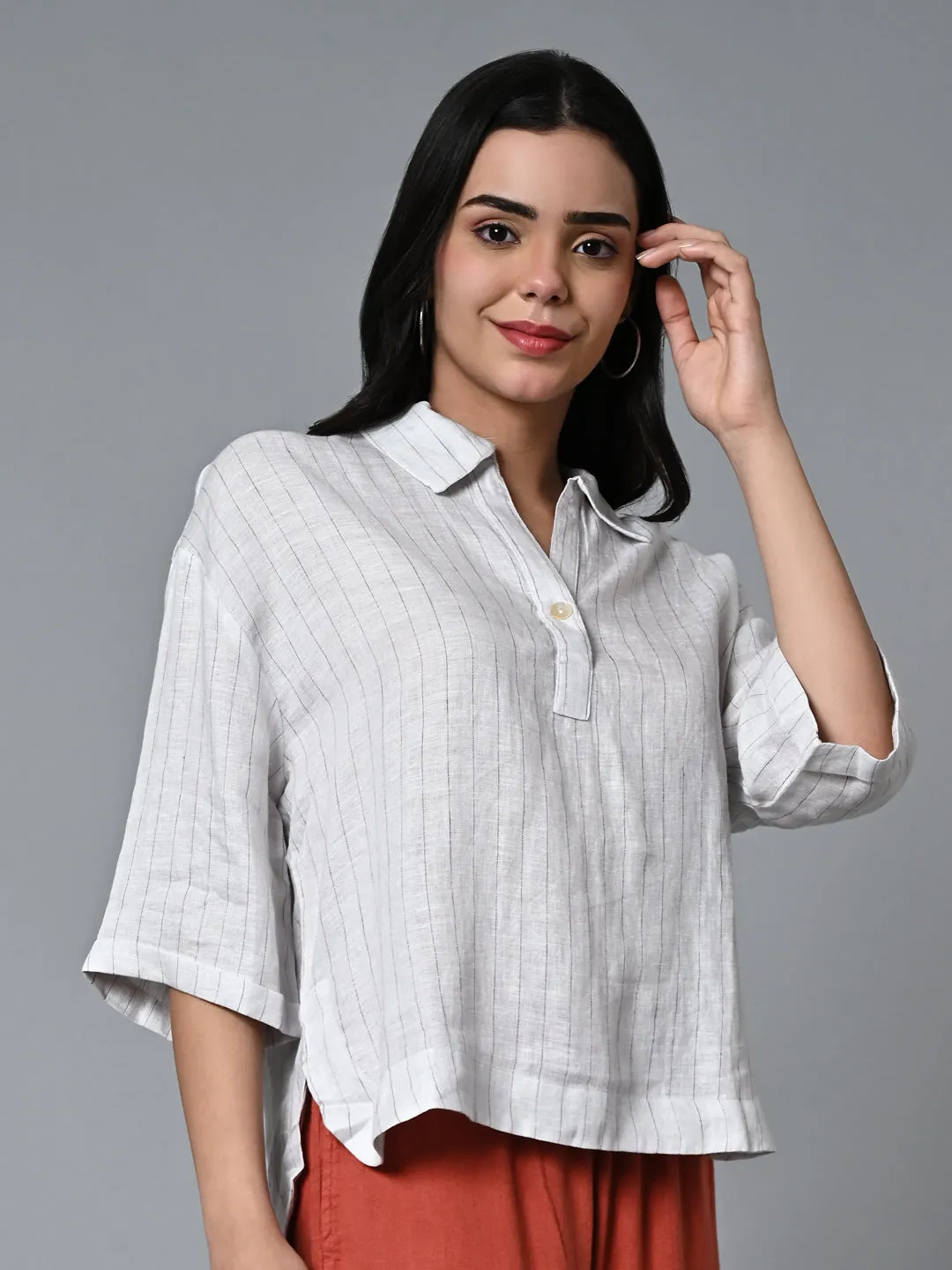 Women's Offwhite Linen Boxy Fit Blouse