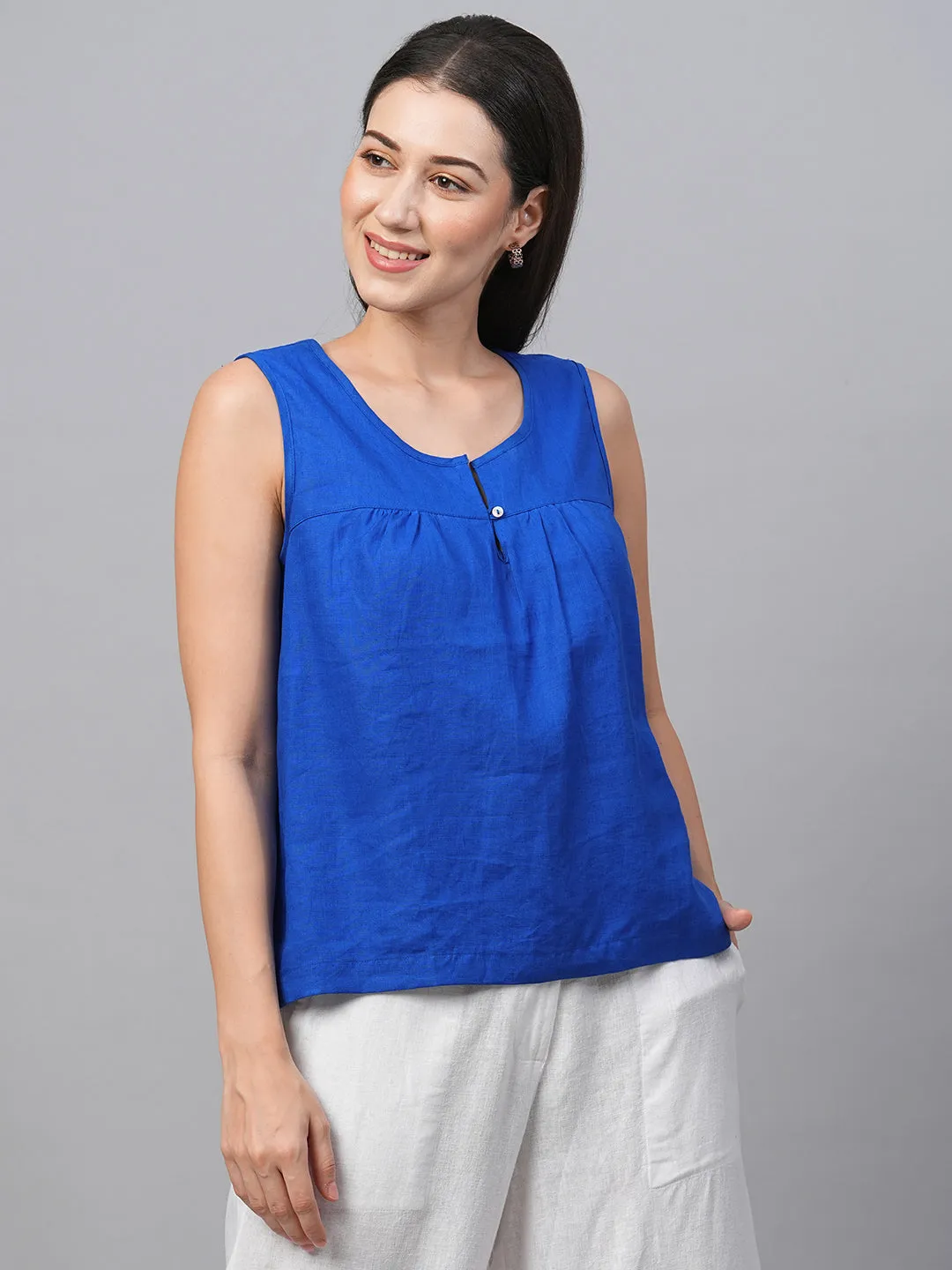 Women's Royalblue Linen Regular Fit Blouse