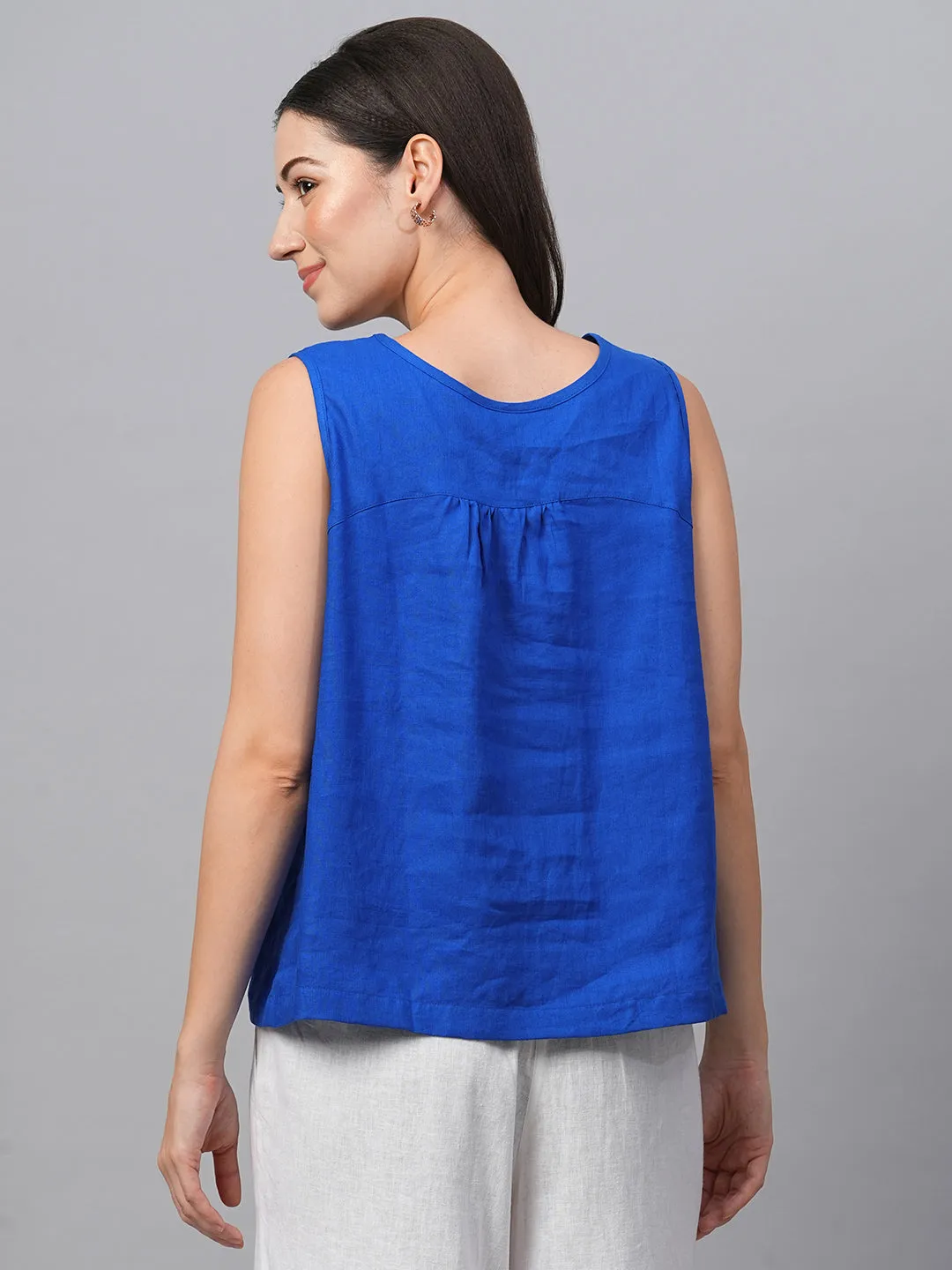 Women's Royalblue Linen Regular Fit Blouse
