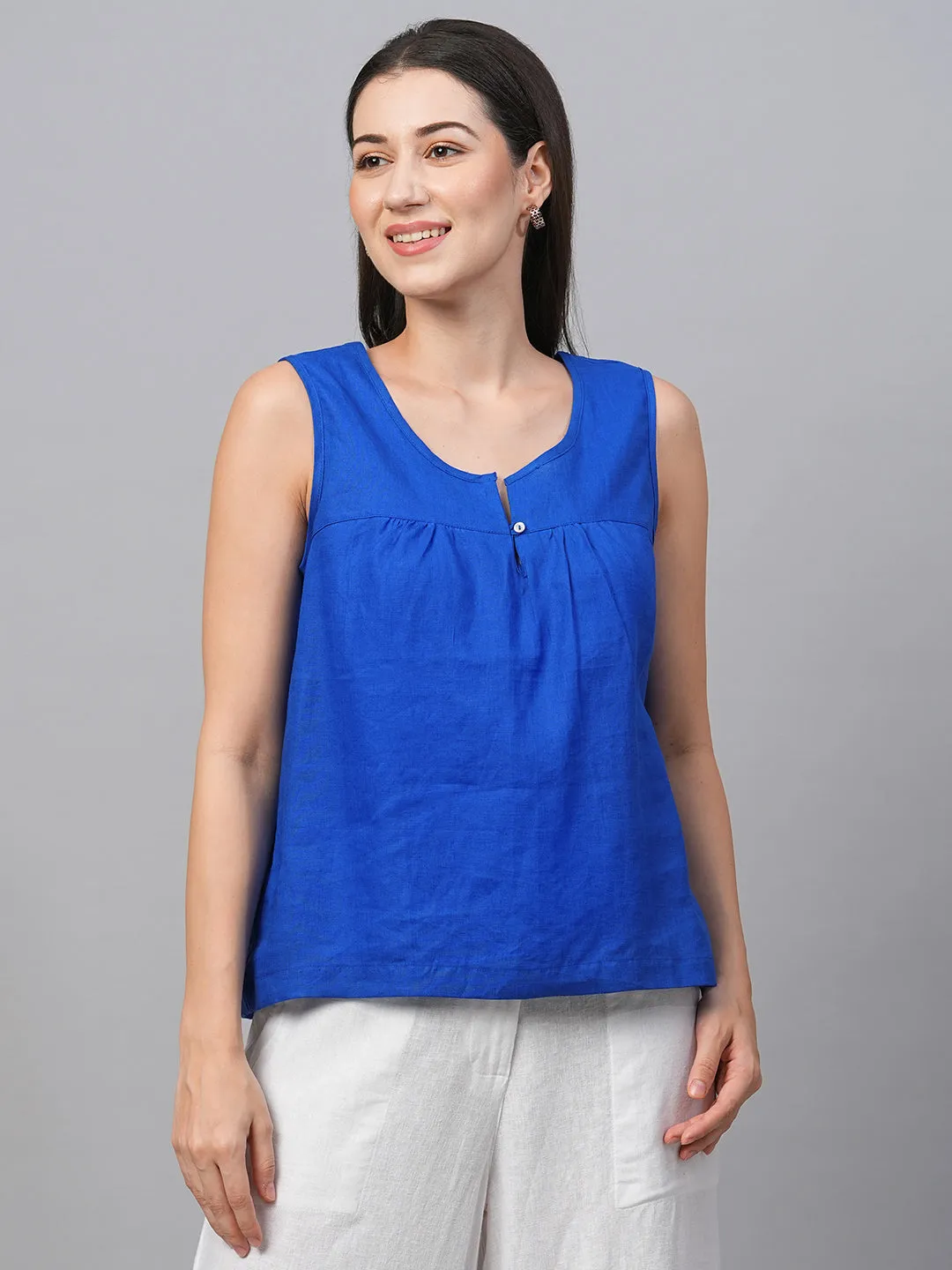 Women's Royalblue Linen Regular Fit Blouse